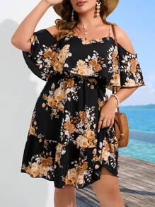 SHEIN Holidaya Vestido con estampado floral de hombros descubiertos bajo con fruncido