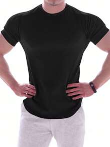 SHEIN Daily&Casual Men Solid Crew Neck Sports Tee - Black - View 3