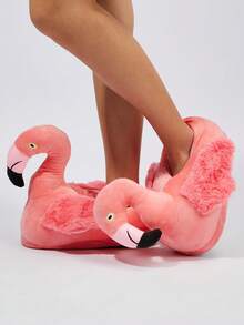 Women Flamingo Design Fluffy Home Slippers, Preppy Polyester Novelty Slippers - Pink - View 1
