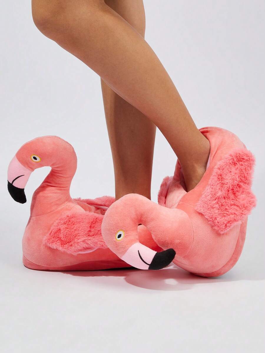 Women Flamingo Design Fluffy Home Slippers, Preppy Polyester Novelty Slippers - Pink - View 1