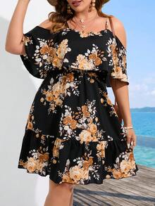 SHEIN Holidaya Vestido con estampado floral de hombros descubiertos bajo con fruncido