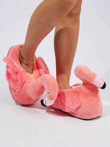 Women Flamingo Design Fluffy Home Slippers, Preppy Polyester Novelty Slippers - Pink - View 3