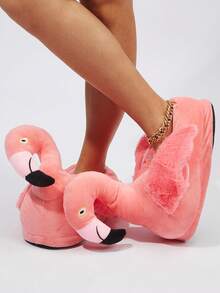 Women Flamingo Design Fluffy Home Slippers, Preppy Polyester Novelty Slippers - Pink - View 4