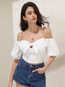 SHEIN Frenchy 挖肩前打結前紐扣襯衫 - 白色 - 查看 1