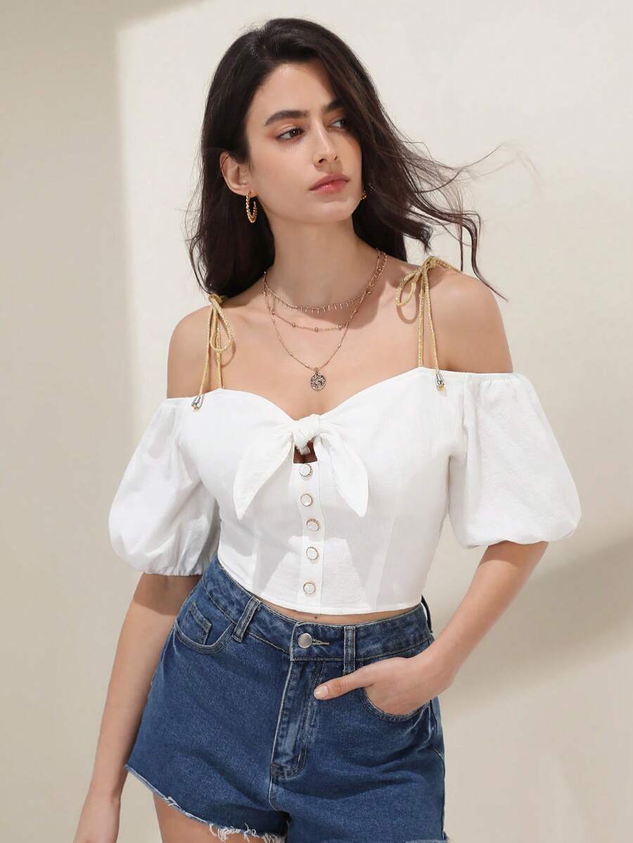 SHEIN Frenchy 挖肩前打結前紐扣襯衫 - 白色 - 查看 1