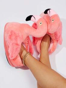 Women Flamingo Design Fluffy Home Slippers, Preppy Polyester Novelty Slippers - Pink - View 5