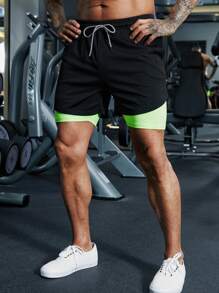 Manfinity Sport Corelite 男士撞色腰部抽繩二合一運動短褲帶手機袋 - 黑色 - 查看 5