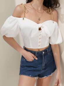 SHEIN Frenchy 挖肩前打結前紐扣襯衫 - 白色 - 查看 4