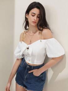 SHEIN Frenchy 挖肩前打結前紐扣襯衫 - 白色 - 查看 5