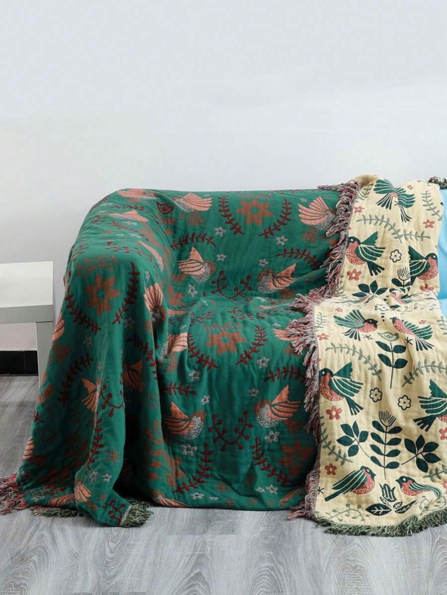 1入組鳥類圖案蓋毯柔軟溫暖布藝毯子適用於客廳和臥室家居裝飾 - 綠色 - 查看 1