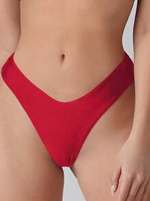SHEIN Plain Ribbed Knit Bikini Bottom - Red - View 3
