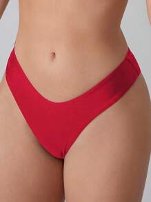 SHEIN Plain Ribbed Knit Bikini Bottom - Red - View 4