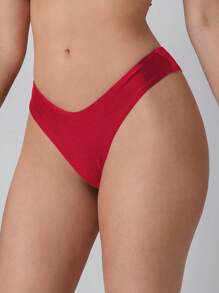SHEIN Plain Ribbed Knit Bikini Bottom - Red - View 5
