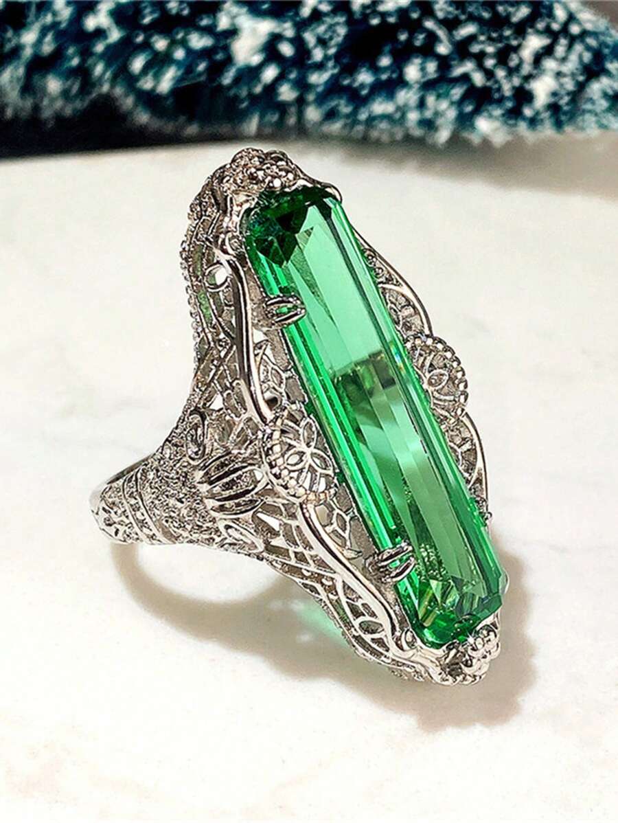 1入組復古鏤空圖案綠色方晶鋯石戒指 - 銀色 - 查看 1