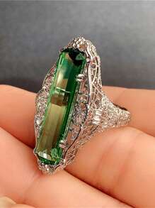 1入組復古鏤空圖案綠色方晶鋯石戒指 - 銀色 - 查看 3