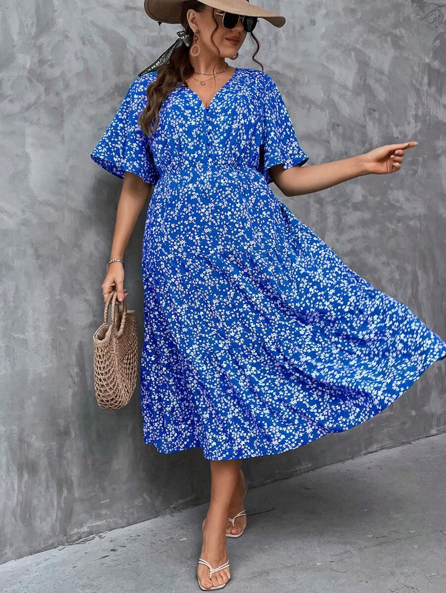 SHEIN Clasi Đầm Plus Size Viên lá sen Họa tiết hoa Boho - Xanh đậm - Xem 1