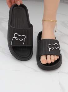 Women Cartoon Bear Pattern Slides, Plastic Fashion Slides Black,Beach Outfits,Slippers Women - Black - View 2