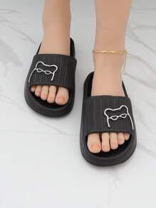 Women Cartoon Bear Pattern Slides, Plastic Fashion Slides Black,Beach Outfits,Slippers Women - Black - View 3