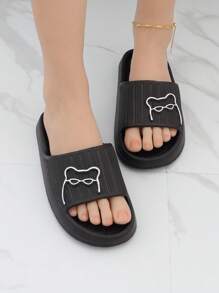 Women Cartoon Bear Pattern Slides, Plastic Fashion Slides Black,Beach Outfits,Slippers Women - Black - View 4