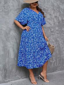 SHEIN Clasi Đầm Plus Size Viên lá sen Họa tiết hoa Boho - Xanh đậm - Xem 3