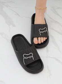 Women Cartoon Bear Pattern Slides, Plastic Fashion Slides Black,Beach Outfits,Slippers Women - Black - View 6