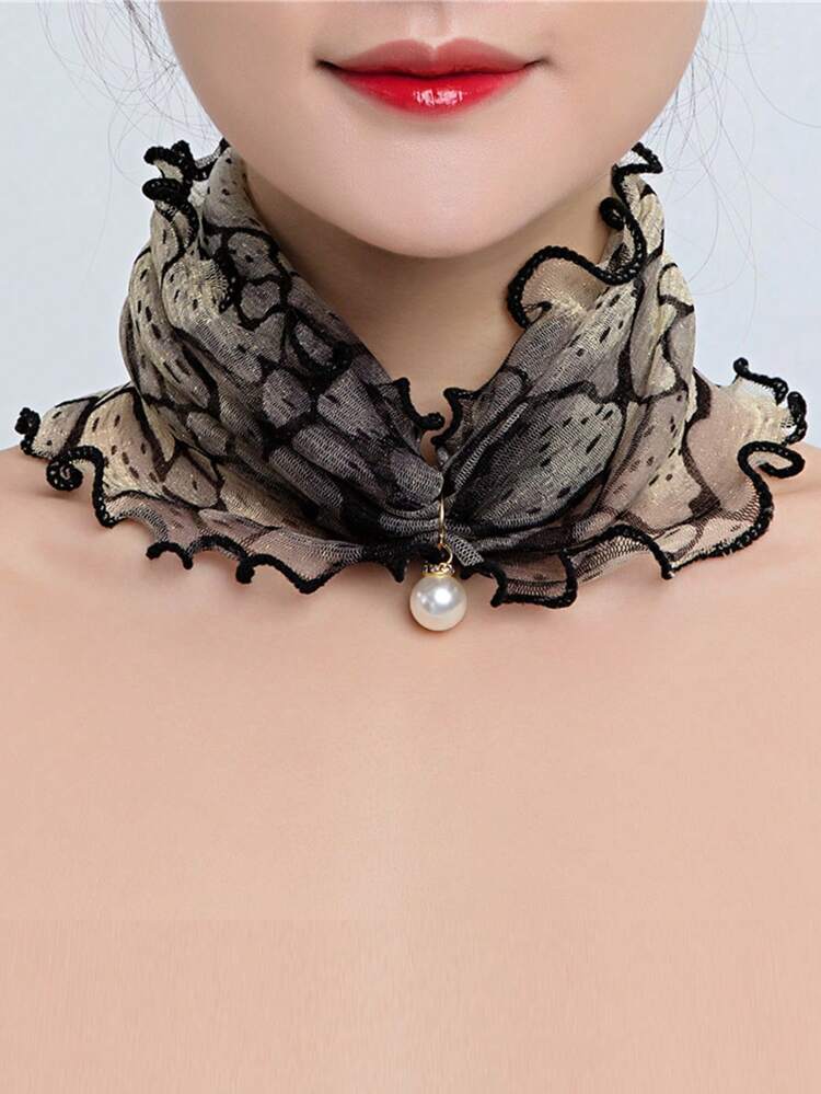 1pc Women's Scarf, Faux Pearl Decor, Ruffled Chiffon Infinity Scarf, Mother's Day Gift, Women Neck Accessory