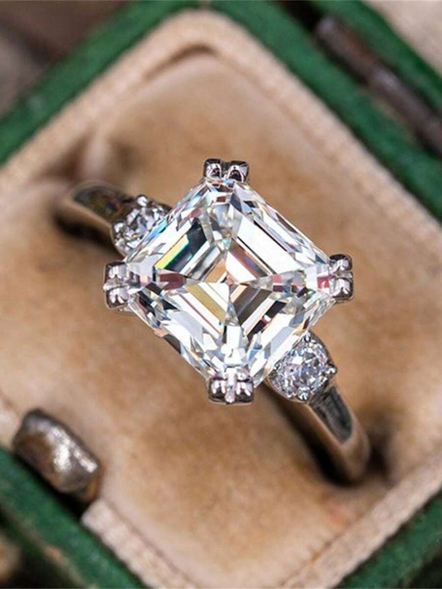 1 pieza Anillo atractivo zirconia cúbica con diseño de cuadro para mujeres para decoración diaria - Plateado - Ver 1