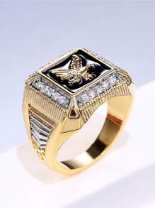 1入組魅力四射方晶鋯石裝飾老鷹圖案戒指適合男士日常裝飾 - 金色 - 查看 2