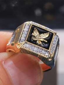 1入組魅力四射方晶鋯石裝飾老鷹圖案戒指適合男士日常裝飾 - 金色 - 查看 5