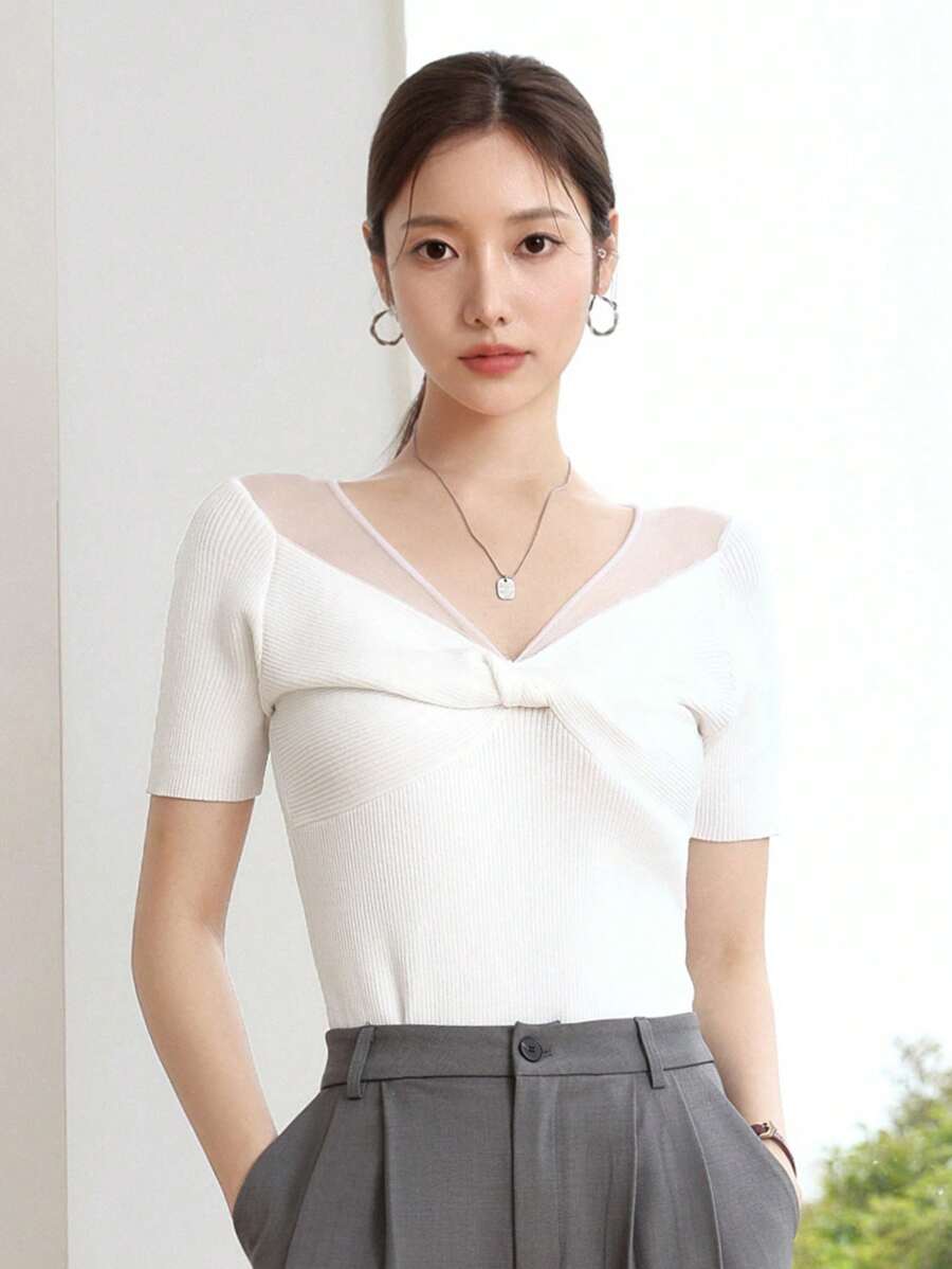 DAZY Party & Back To School Knitted Short Sleeve Top For Women - White - View 1