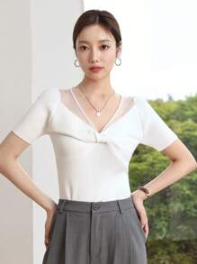 DAZY Party & Back To School Knitted Short Sleeve Top For Women - White - View 2
