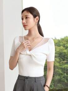 DAZY Party & Back To School Knitted Short Sleeve Top For Women - White - View 4