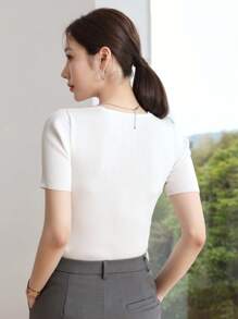 DAZY Party & Back To School Knitted Short Sleeve Top For Women - White - View 7