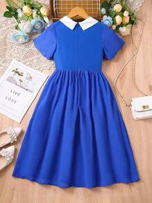 SHEIN Girls Floral Embroidery Contrast Collar Half Button A-line Dress - Royal Blue - View 2