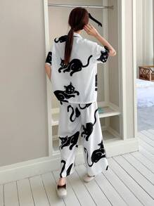 DAZY Cat Print Button Front Shirt & Wide Leg Trousers Lounge Set - Black and White - View 2