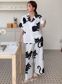DAZY Cat Print Button Front Shirt & Wide Leg Trousers Lounge Set - Black and White - View 7