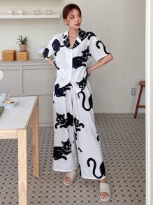DAZY Cat Print Button Front Shirt & Wide Leg Trousers Lounge Set - Black and White - View 3