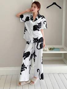 DAZY Cat Print Button Front Shirt & Wide Leg Trousers Lounge Set - Black and White - View 6