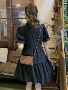 Solid Puff Sleeve Ruffle Hem Smock Shirt Dress - Black - View 2