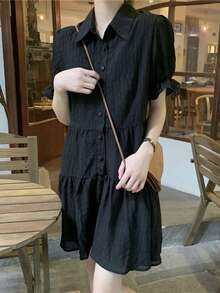 Solid Puff Sleeve Ruffle Hem Smock Shirt Dress - Black - View 3