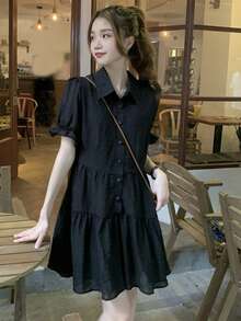 Solid Puff Sleeve Ruffle Hem Smock Shirt Dress - Black - View 4