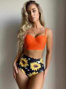 Sunflower Print Push Up Bikini Set - Orange - View 3
