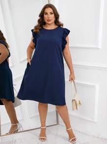 SHEIN Clasi Vestido ribete con fruncido con bolsillo oculto - Azul Marino - Ver 1