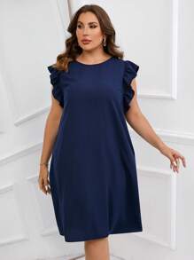 SHEIN Clasi Vestido ribete con fruncido con bolsillo oculto - Azul Marino - Ver 3