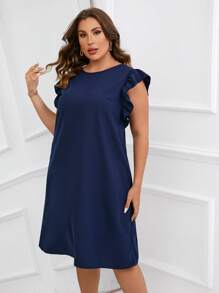 SHEIN Clasi Vestido ribete con fruncido con bolsillo oculto - Azul Marino - Ver 5