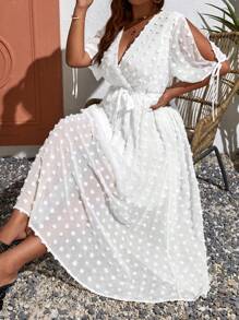 SHEIN VCAY Plus Swiss Dot Split Sleeve Belted Summer Dress - White - View 1