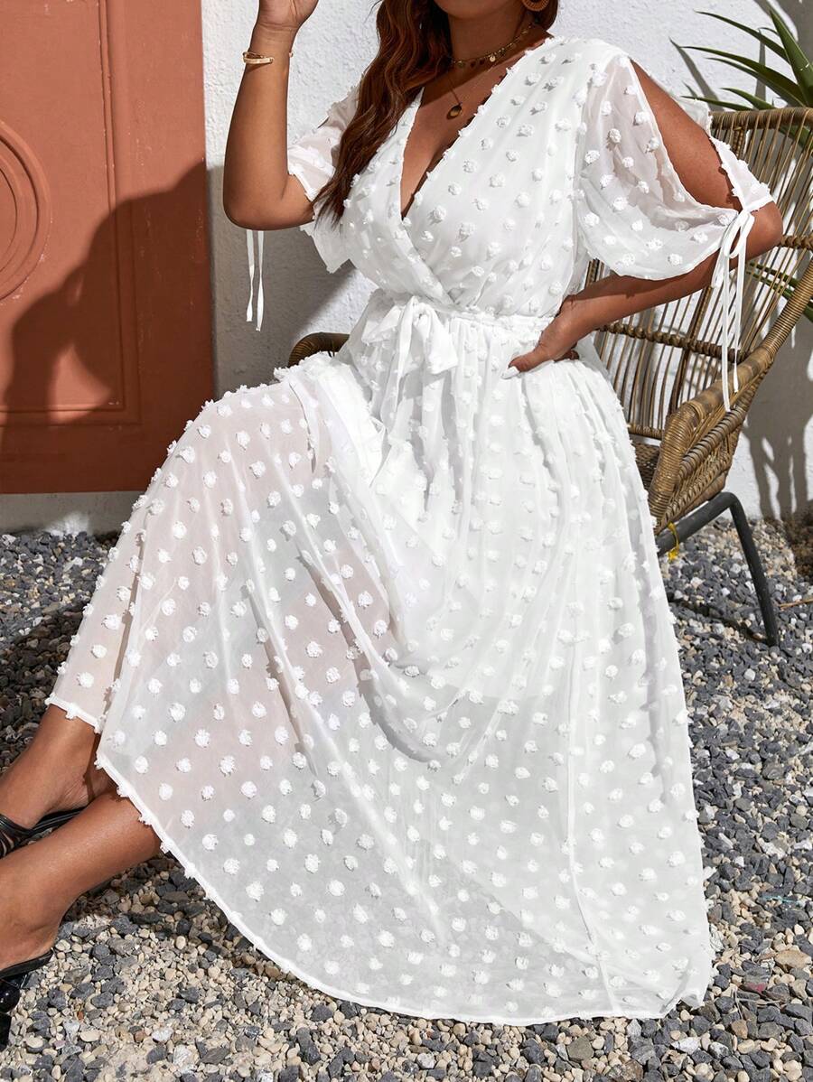 SHEIN VCAY Plus Swiss Dot Split Sleeve Belted Summer Dress - White - View 1