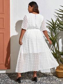 SHEIN VCAY Plus Swiss Dot Split Sleeve Belted Summer Dress - White - View 2