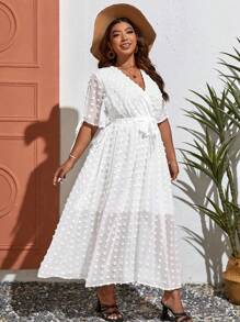 SHEIN VCAY Plus Swiss Dot Split Sleeve Belted Summer Dress - White - View 3