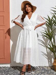 SHEIN VCAY Plus Swiss Dot Split Sleeve Belted Summer Dress - White - View 4